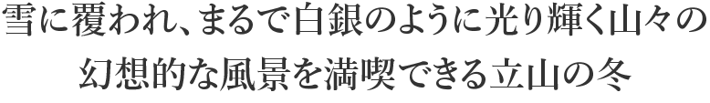 雪に覆われ、まるで白銀のように光り輝く山々の幻想的な風景を満喫できる立山の冬